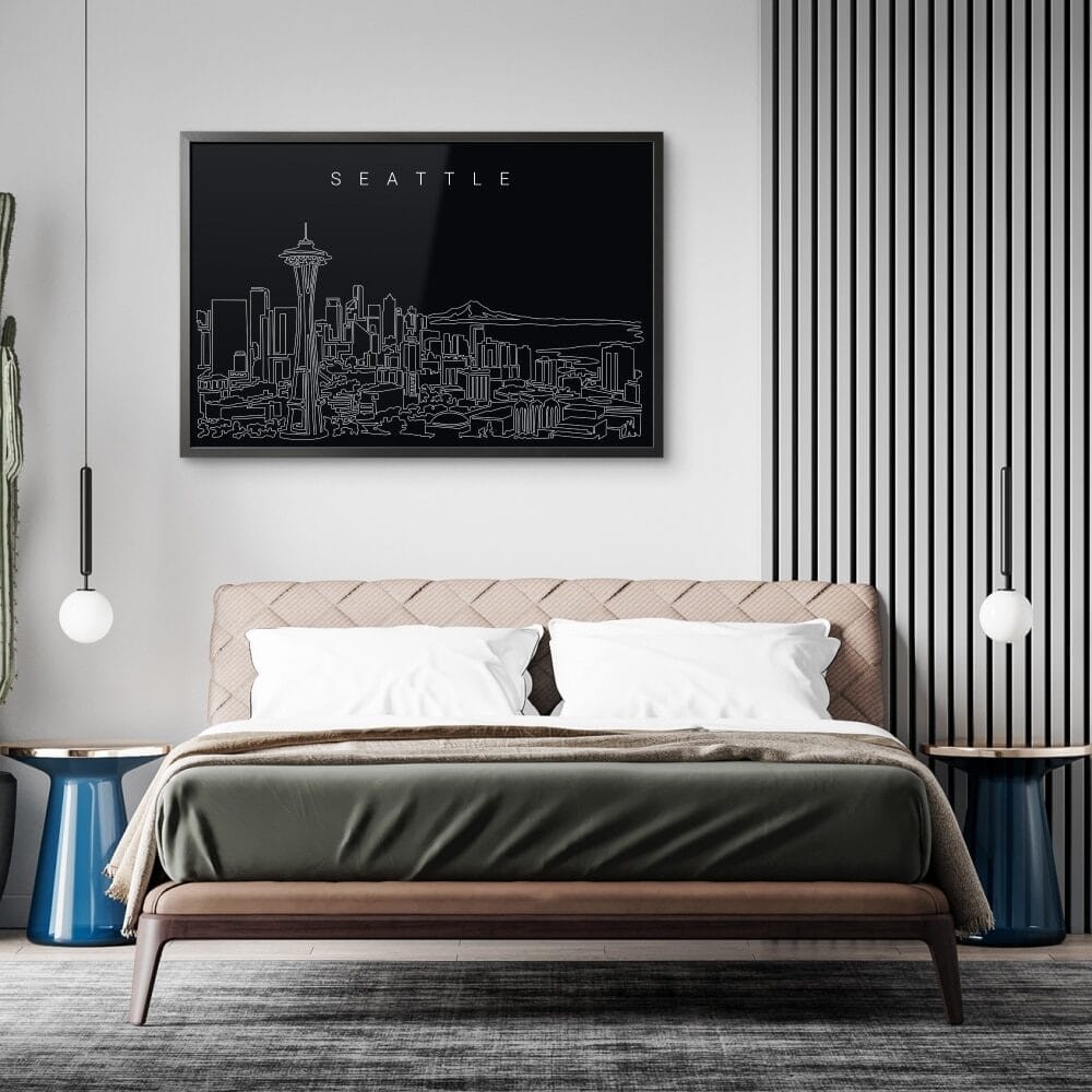 Framed Seattle Skyline Wall Art for Bed Room - Dark Framed Seattle Skyline Wall Art for Bed Room - Dark