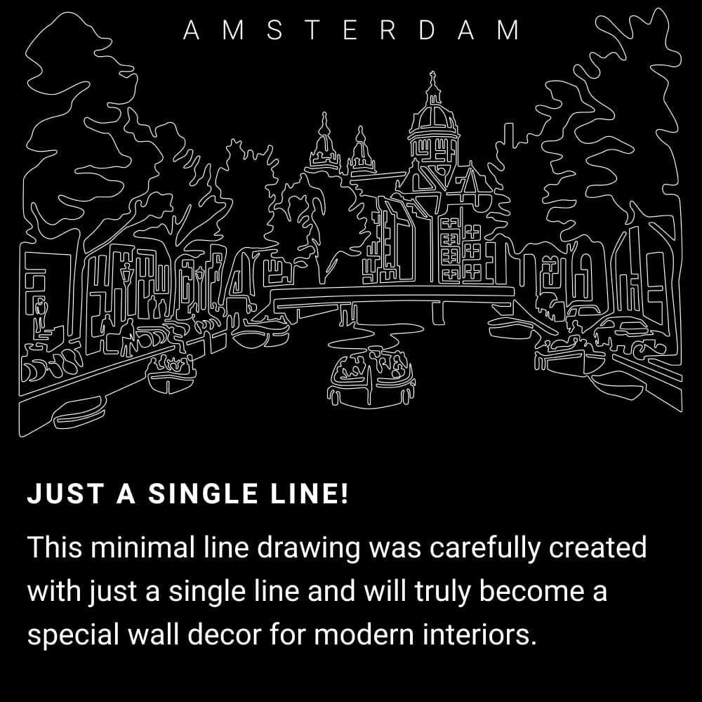 Amsterdam Skyline One Line Drawing Art - Dark Amsterdam Skyline One Line Drawing Art - Dark