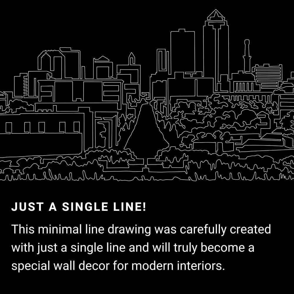 Des Moines Skyline One Line Drawing Art - Dark Des Moines Skyline One Line Drawing Art - Dark