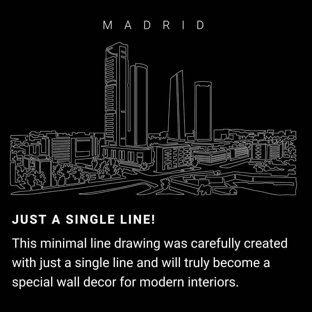 Madrid Skyline One Line Drawing Art - Dark Madrid Skyline One Line Drawing Art - Dark