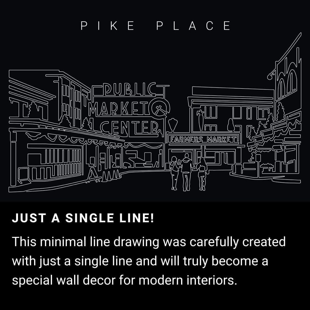 Pike Place Market One Line Drawing Art - Dark Pike Place Market One Line Drawing Art - Dark