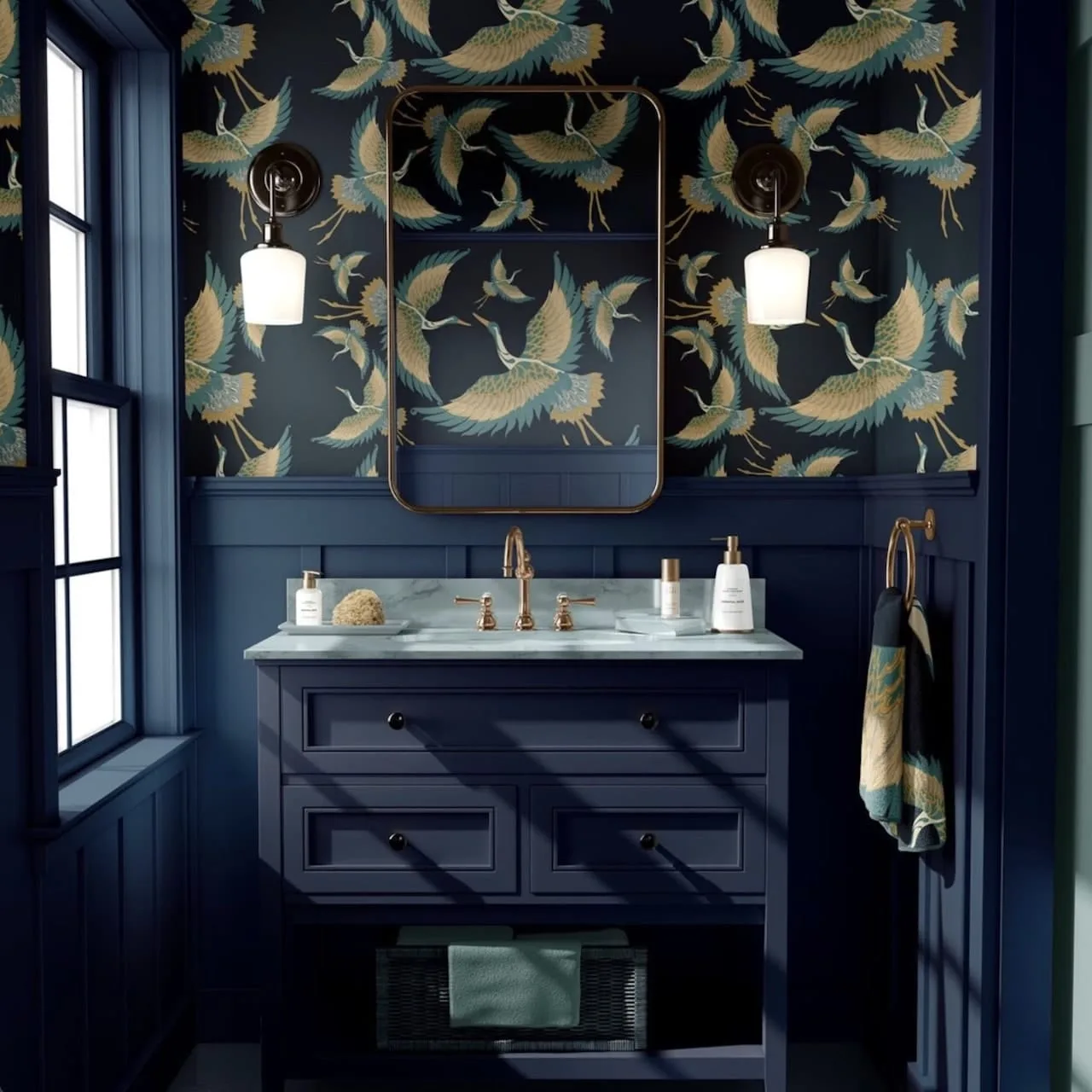 15 Glamorous Art Deco Bathroom Ideas & Tips for 2023 3 art deco bathroom interior design blue birds wallpaper