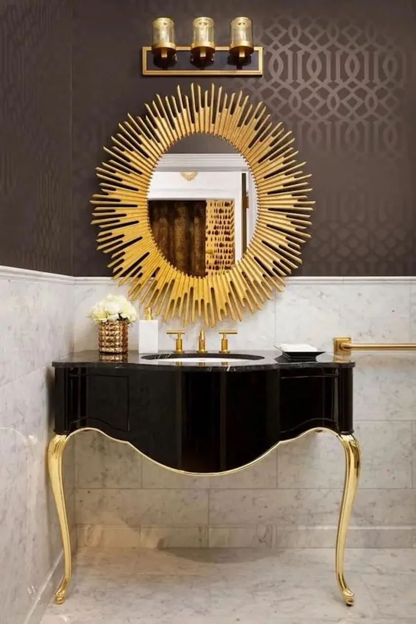 15 Glamorous Art Deco Bathroom Ideas & Tips for 2023 14 art deco bathroom interior design sunburst mirror