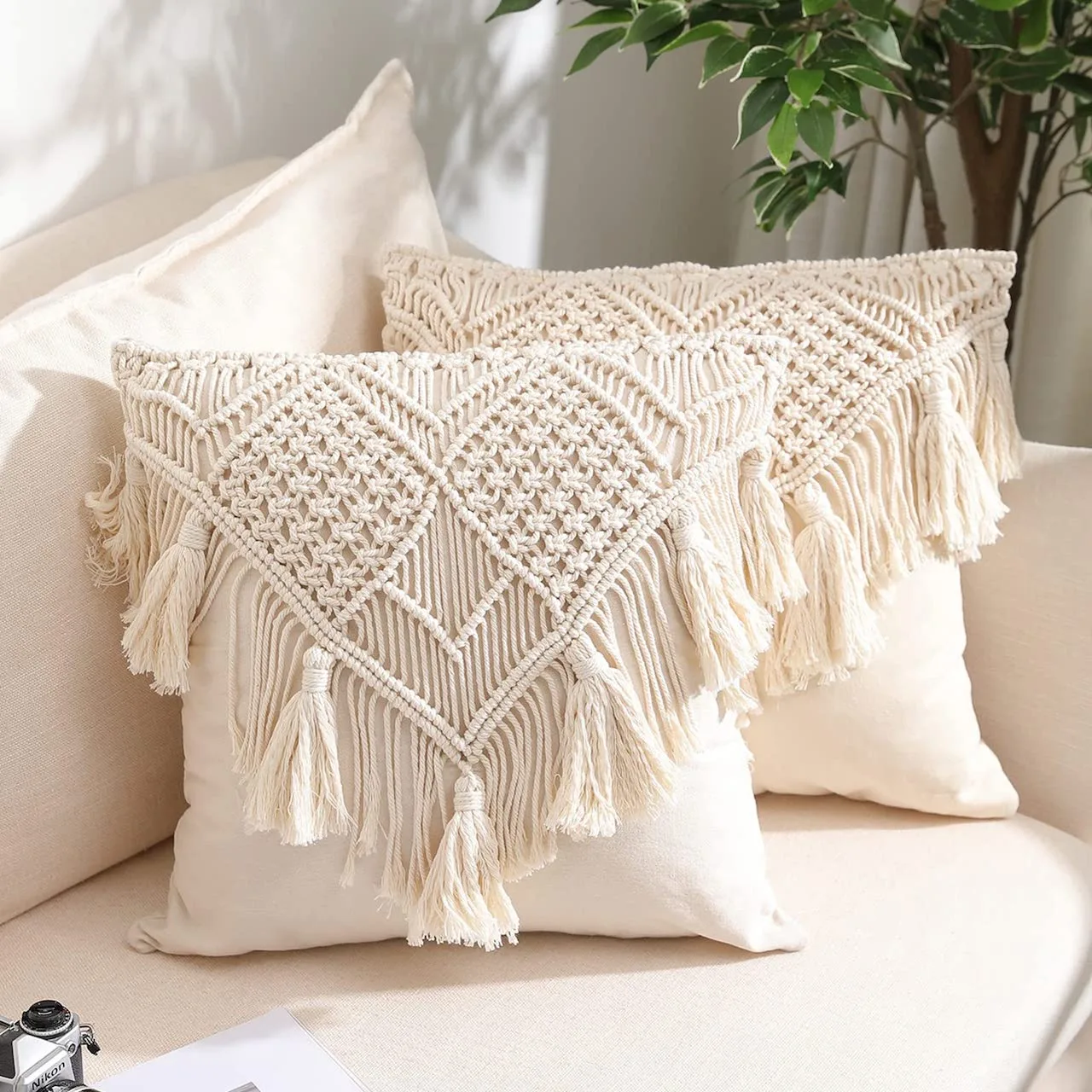 cozy earthy bedroom macrame throw pillows