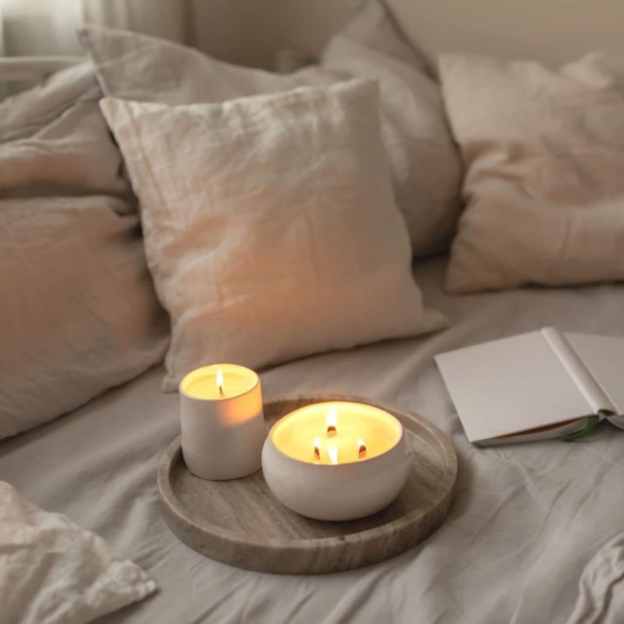 cozy earthy bedroom natural candles linen