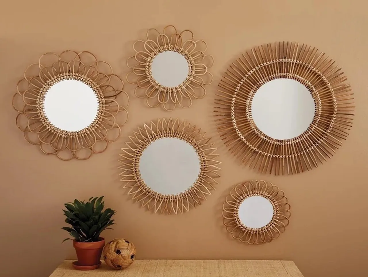 cozy earthy bedroom sunburst wicker mirros
