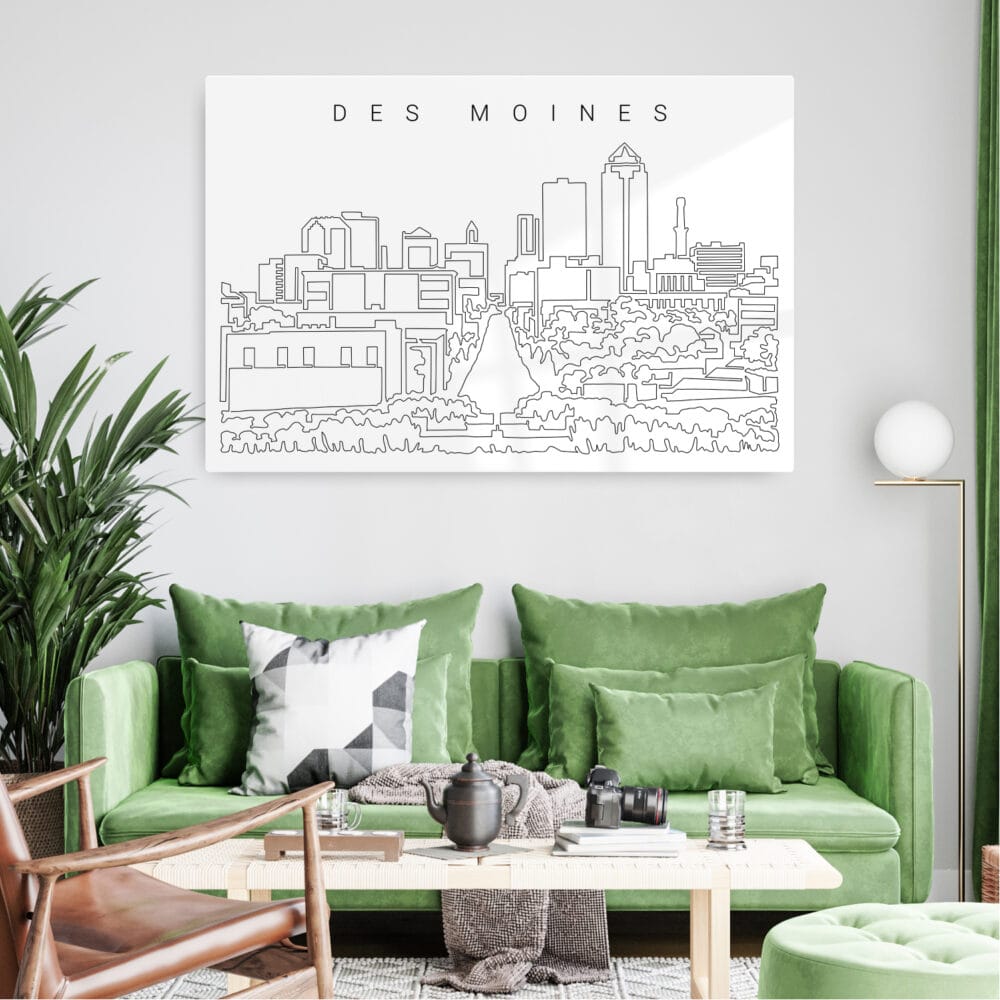 Des Moines Skyline Metal Print - Living Room - Light Des Moines Skyline Metal Print - Living Room - Light