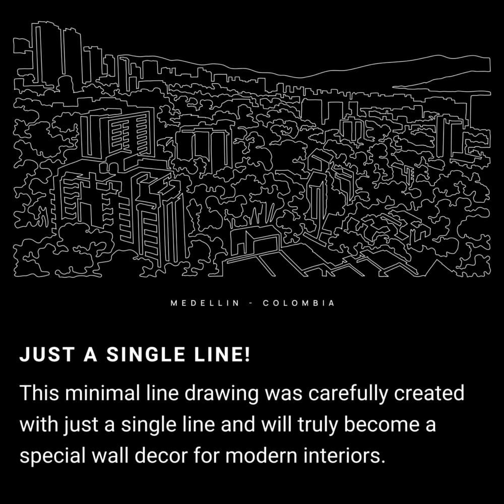 Medellin Colombia One Line Drawing Art - Dark Medellin Colombia One Line Drawing Art - Dark