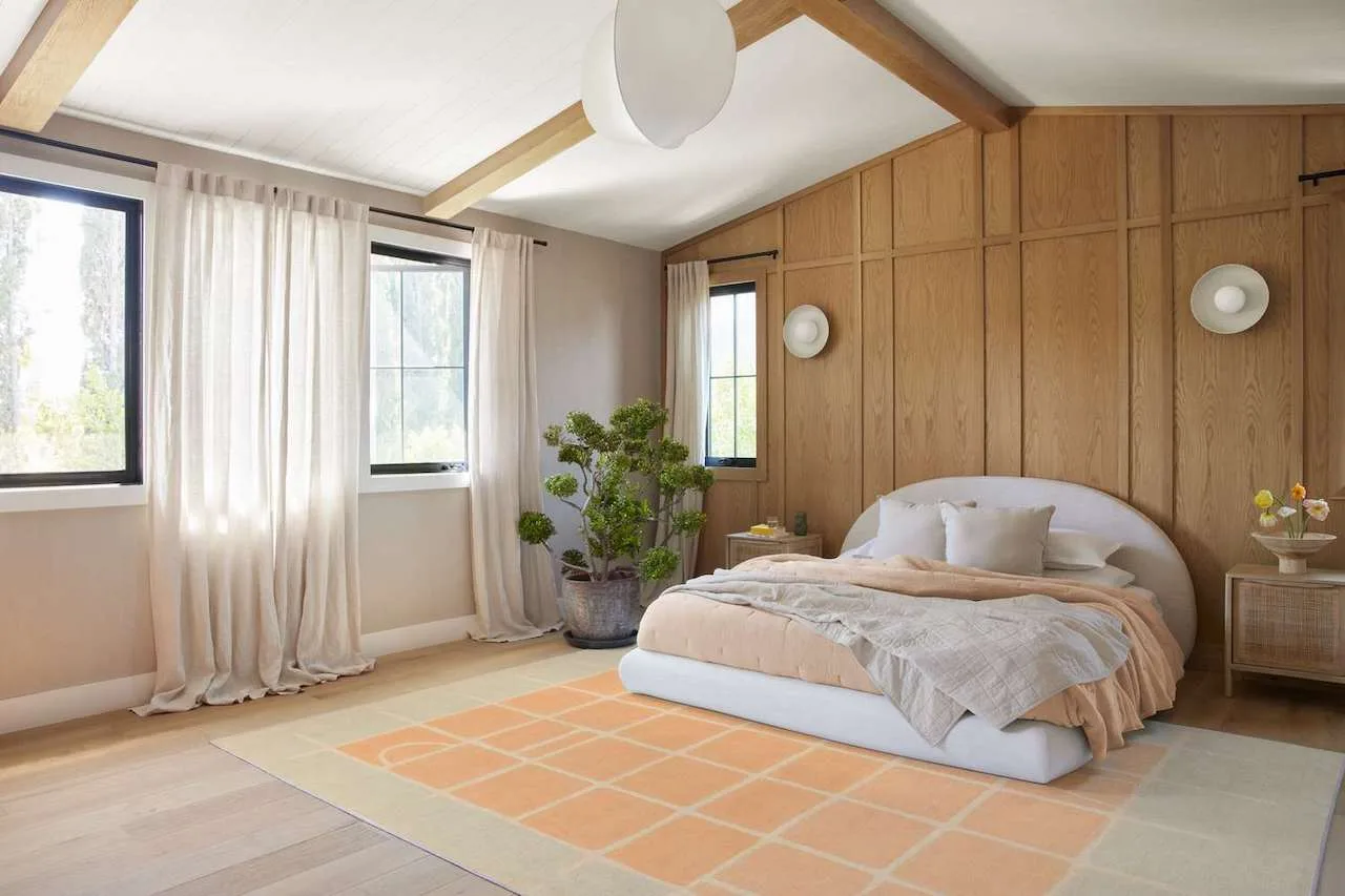 how to design with peach fuzz pantone color of the year 2024 bedroom rug