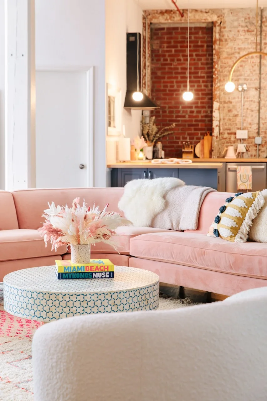 how to design with peach fuzz pantone color of the year 2024 interior design upholstery furniture couch living room