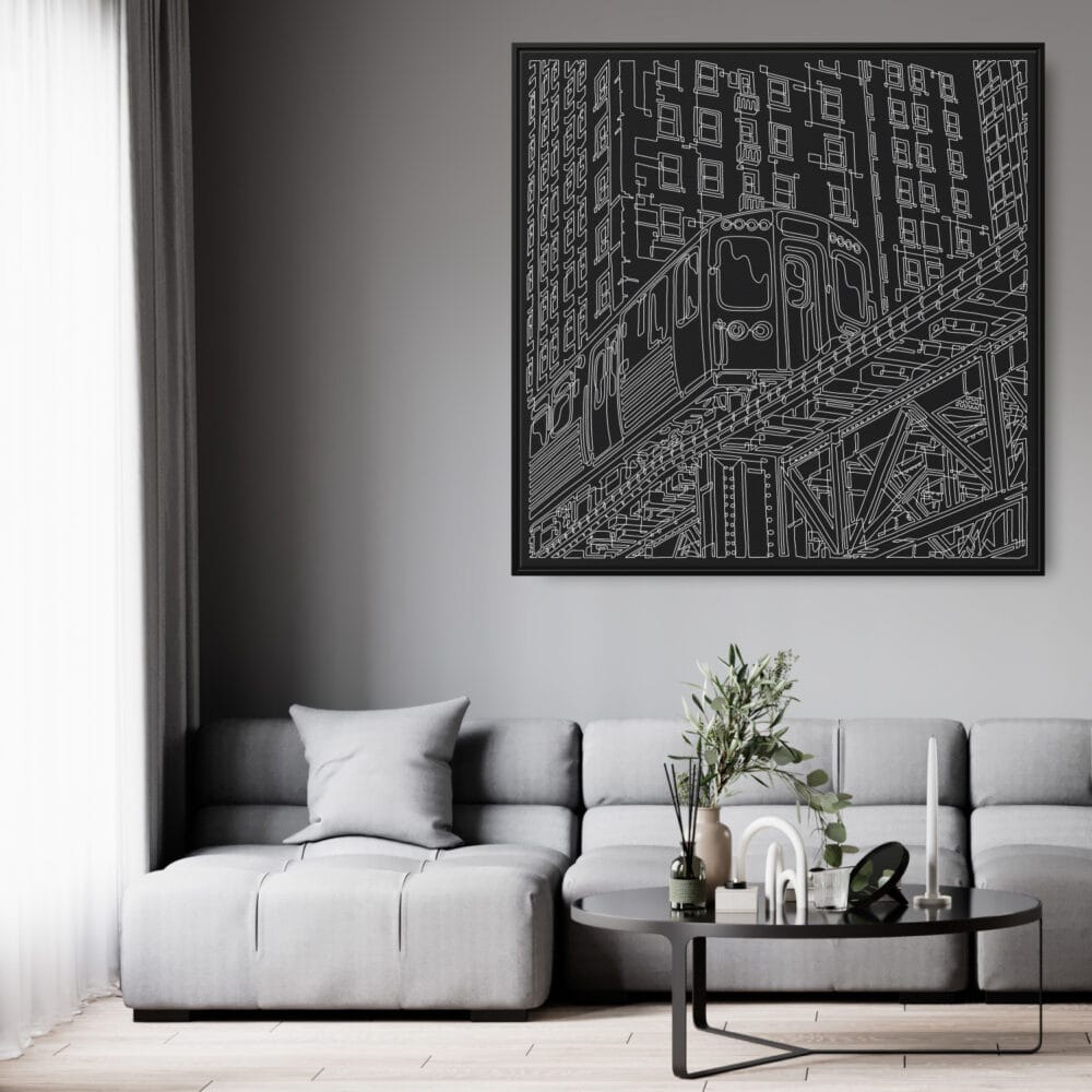 Framed Chicago L Train Canvas Wall Art - Square - Living Room - Dark Framed Chicago L Train Canvas Wall Art - Square - Living Room - Dark