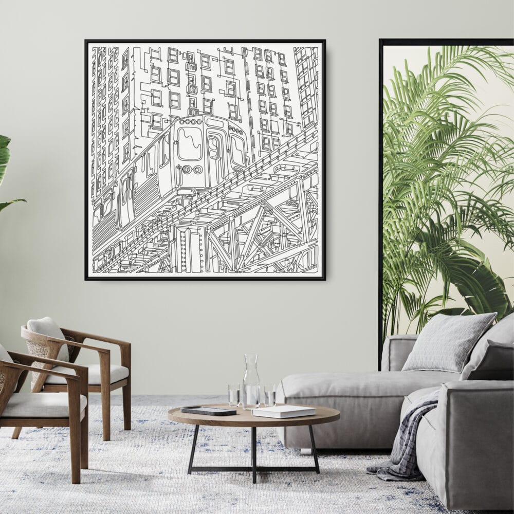 Framed Chicago L Train Canvas Wall Art - Square - Living Room - Light Framed Chicago L Train Canvas Wall Art - Square - Living Room - Light