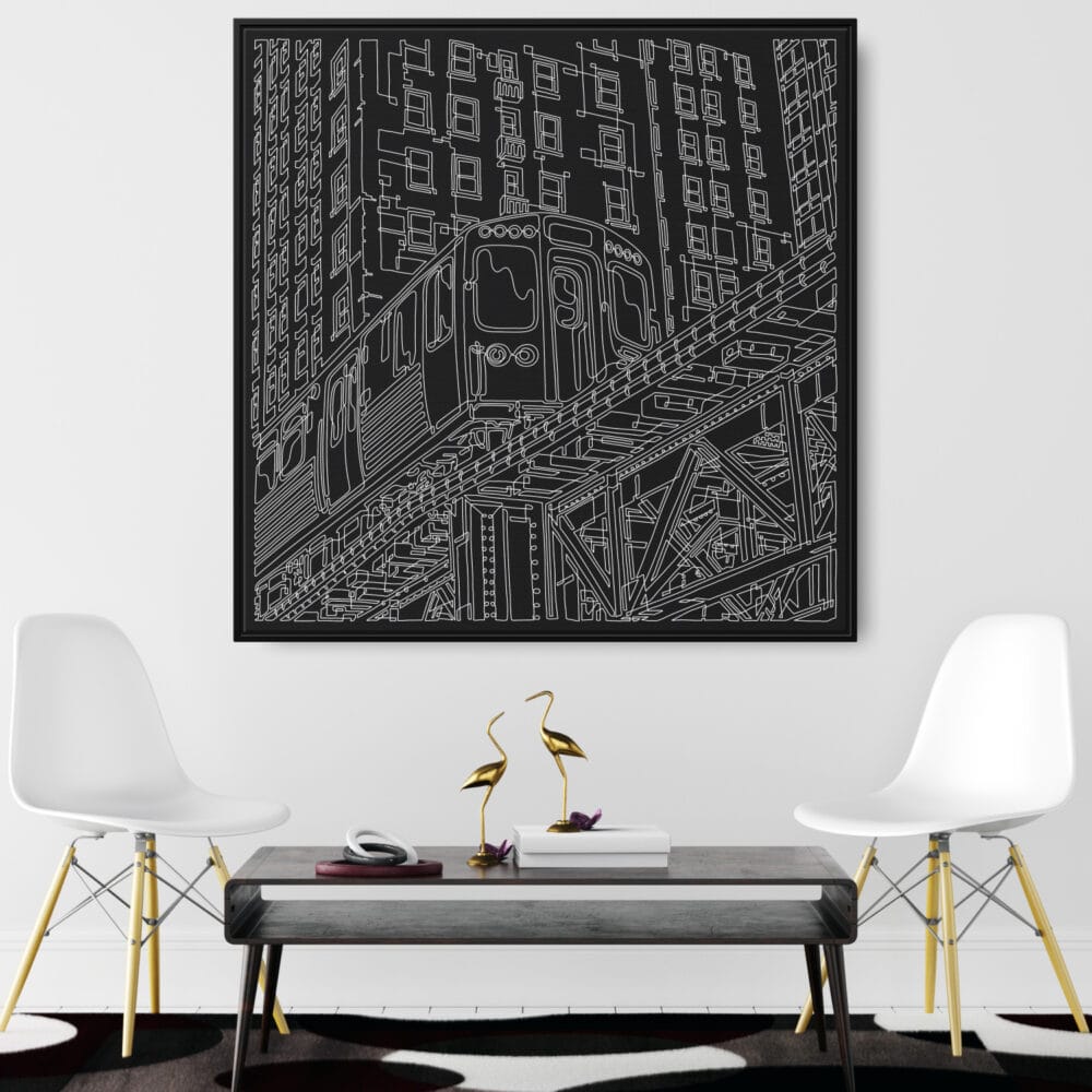 Framed Chicago L Train Canvas Wall Art - Square - Lounge - Dark Framed Chicago L Train Canvas Wall Art - Square - Lounge - Dark