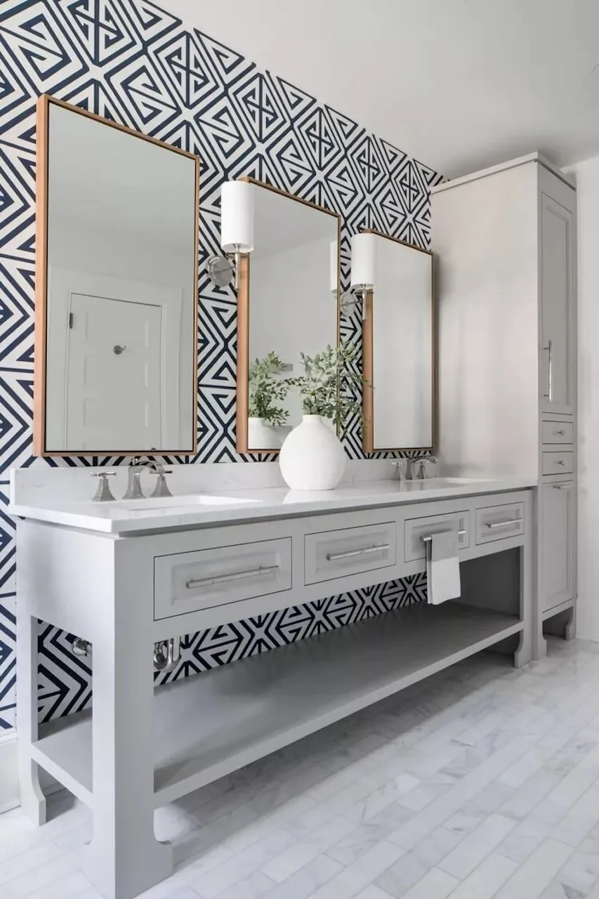 wallpaper accent wall trends geometric pattern bathroom art deco