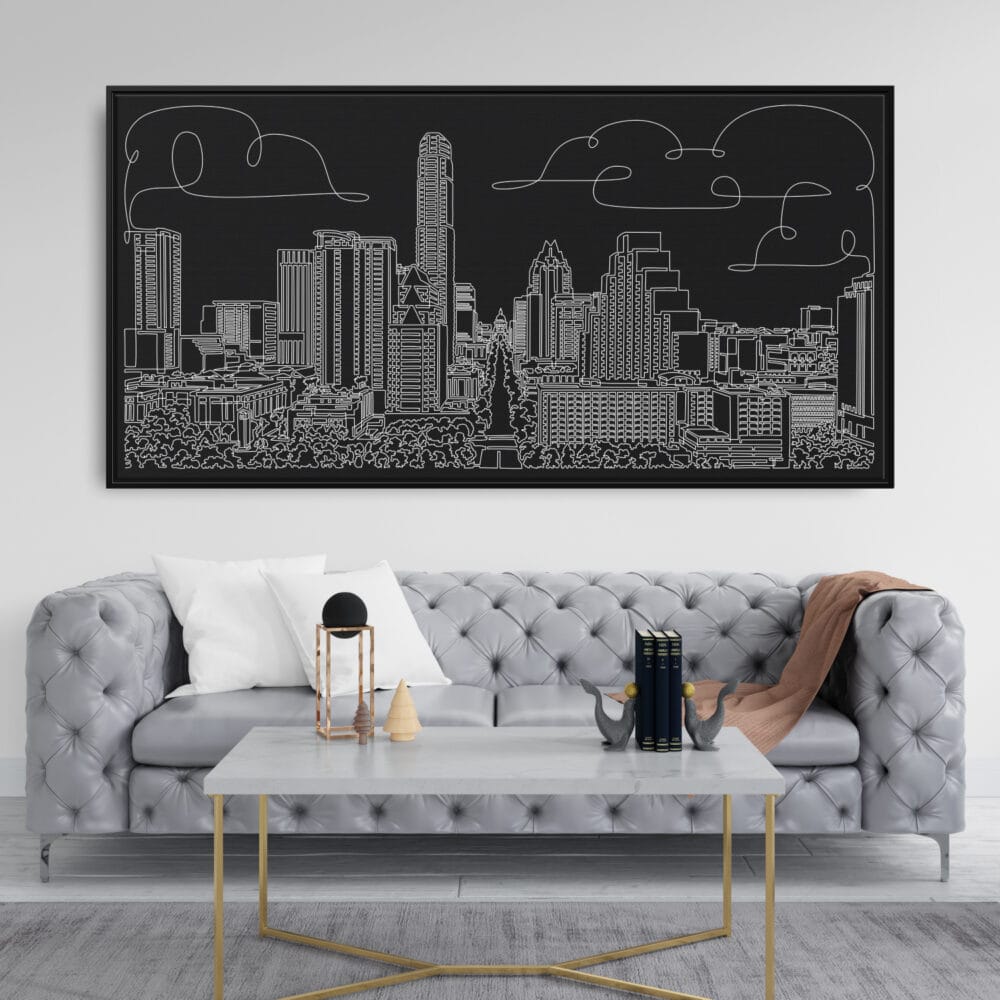 Framed Austin Texas Canvas Wall Art - Panorama - Living Room - Dark Framed Austin Texas Canvas Wall Art - Panorama - Living Room - Dark