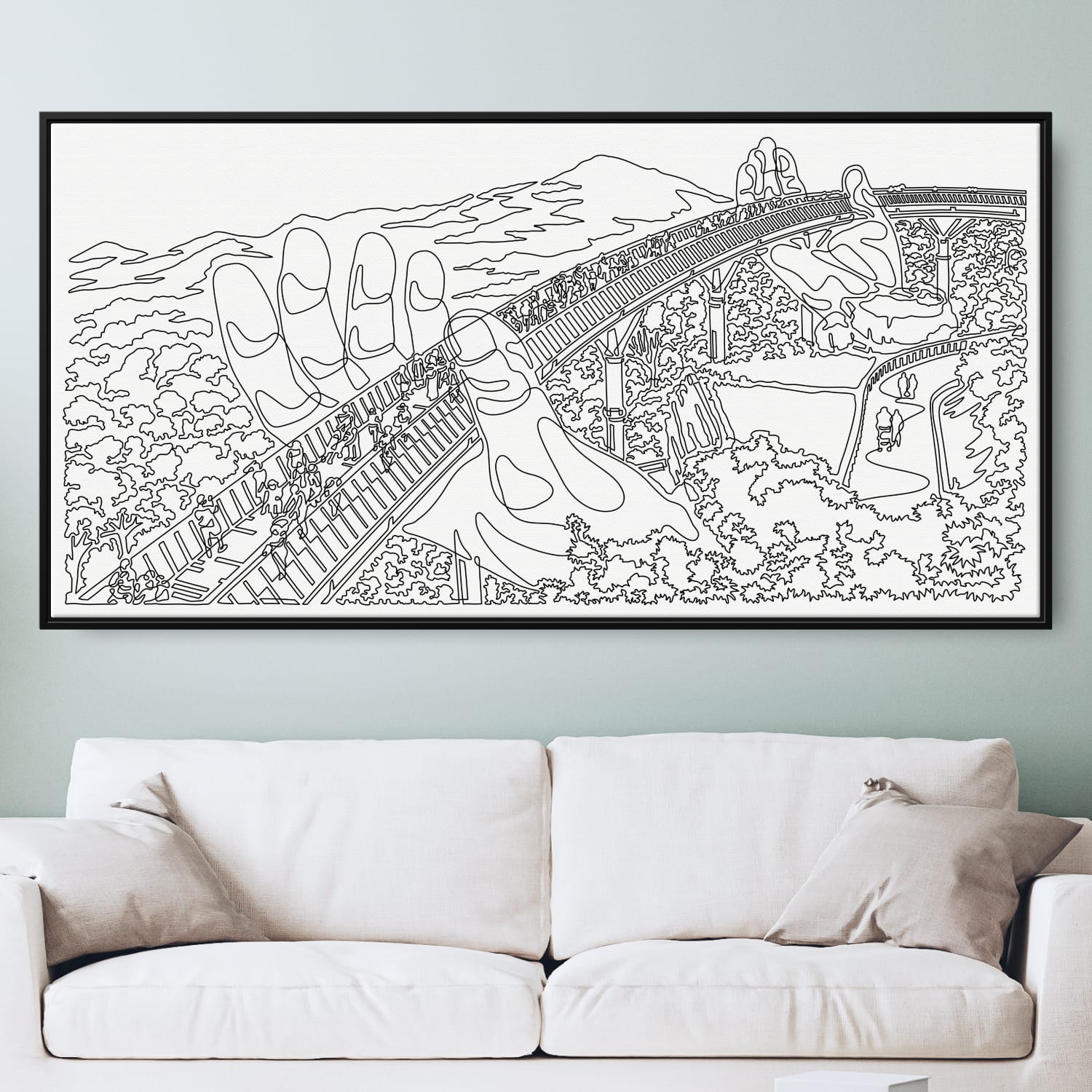 Vietnam Bana Hills Wall Art with Golden Bridge One Line Drawing – Extra Large Canvas Print