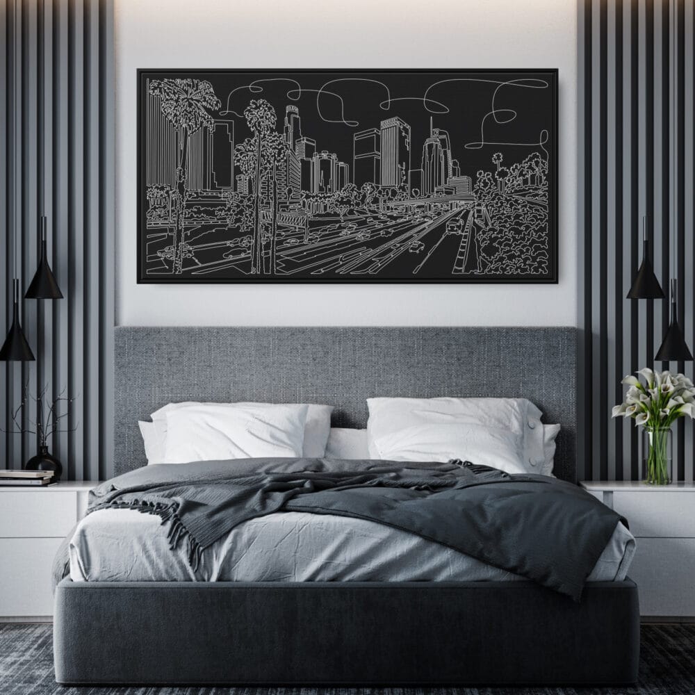 Framed Los Angeles Skyline Canvas Wall Art - Pano - Hotel Room - Dark Framed Los Angeles Skyline Canvas Wall Art - Pano - Hotel Room - Dark