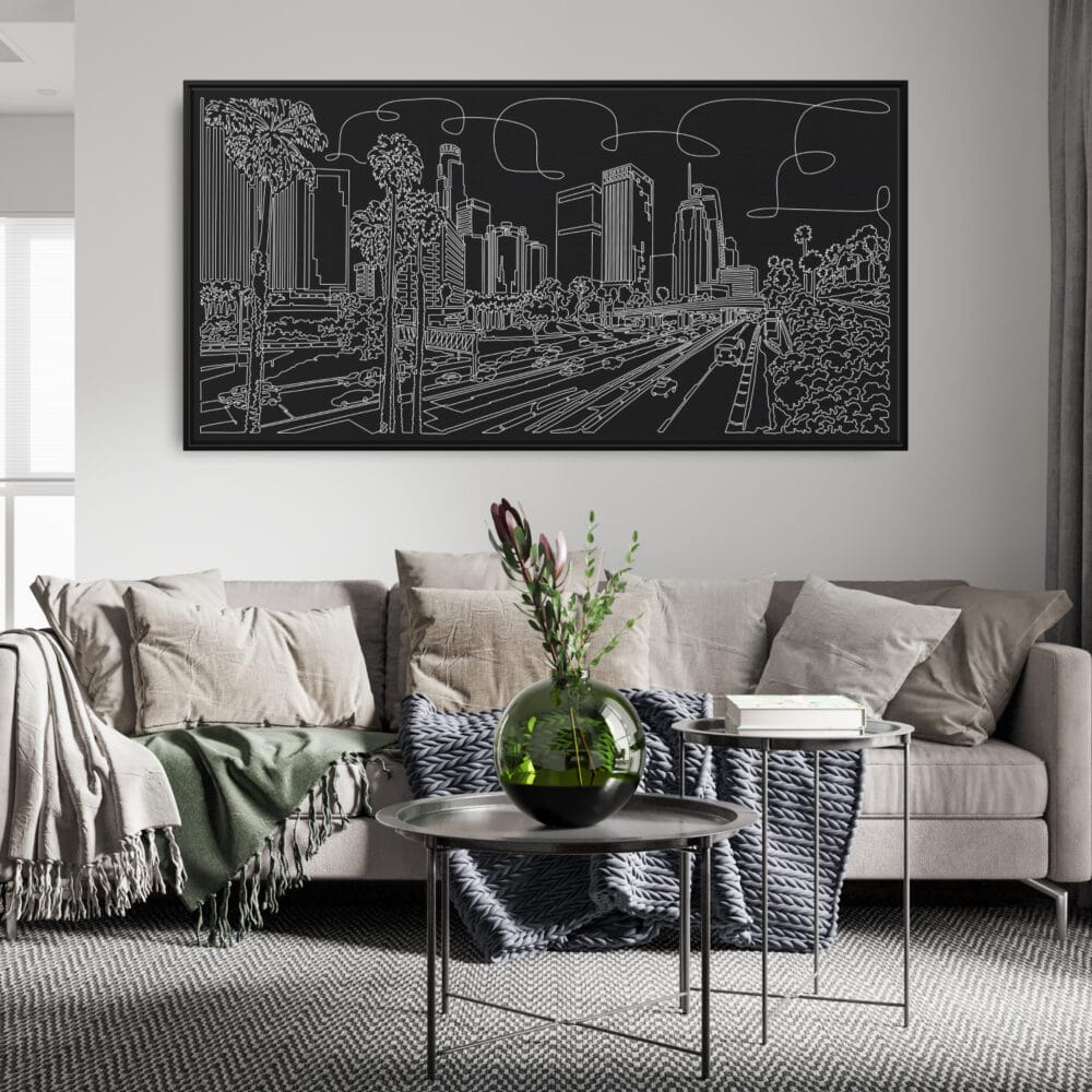 Framed Los Angeles Skyline Canvas Wall Art - Pano - Living Room - Dark Framed Los Angeles Skyline Canvas Wall Art - Pano - Living Room - Dark