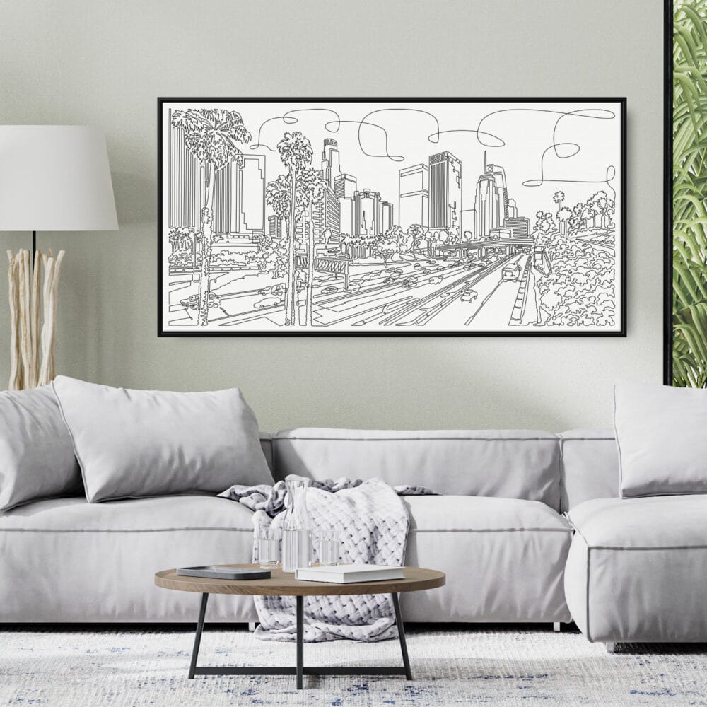 Framed Los Angeles Skyline Canvas Wall Art - Pano - Living Room - Light Framed Los Angeles Skyline Canvas Wall Art - Pano - Living Room - Light