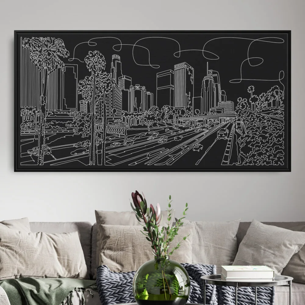 Framed Los Angeles Skyline Canvas Wall Art - Pano - Living Room - Main - Dark Framed Los Angeles Skyline Canvas Wall Art - Pano - Living Room - Main - Dark