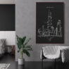 Chicago John Hancock Tower Canvas Art Print - w Lounge Chair - Portrait - Dark