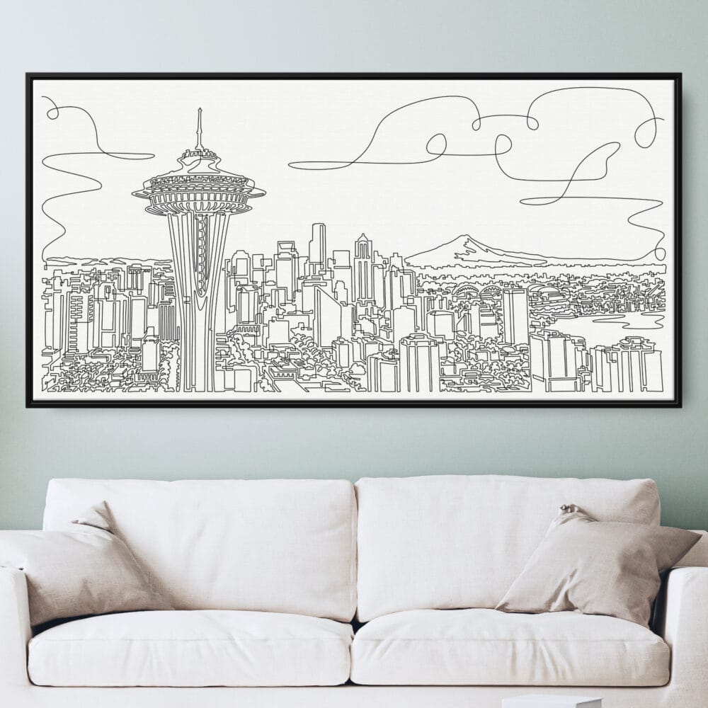 Framed Seattle Canvas Wall Art - Pano - Main - Light