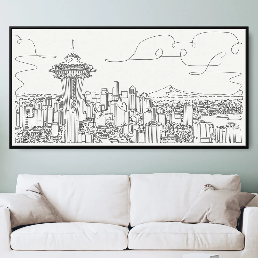 Framed Seattle Canvas Wall Art - Pano - Main - Light