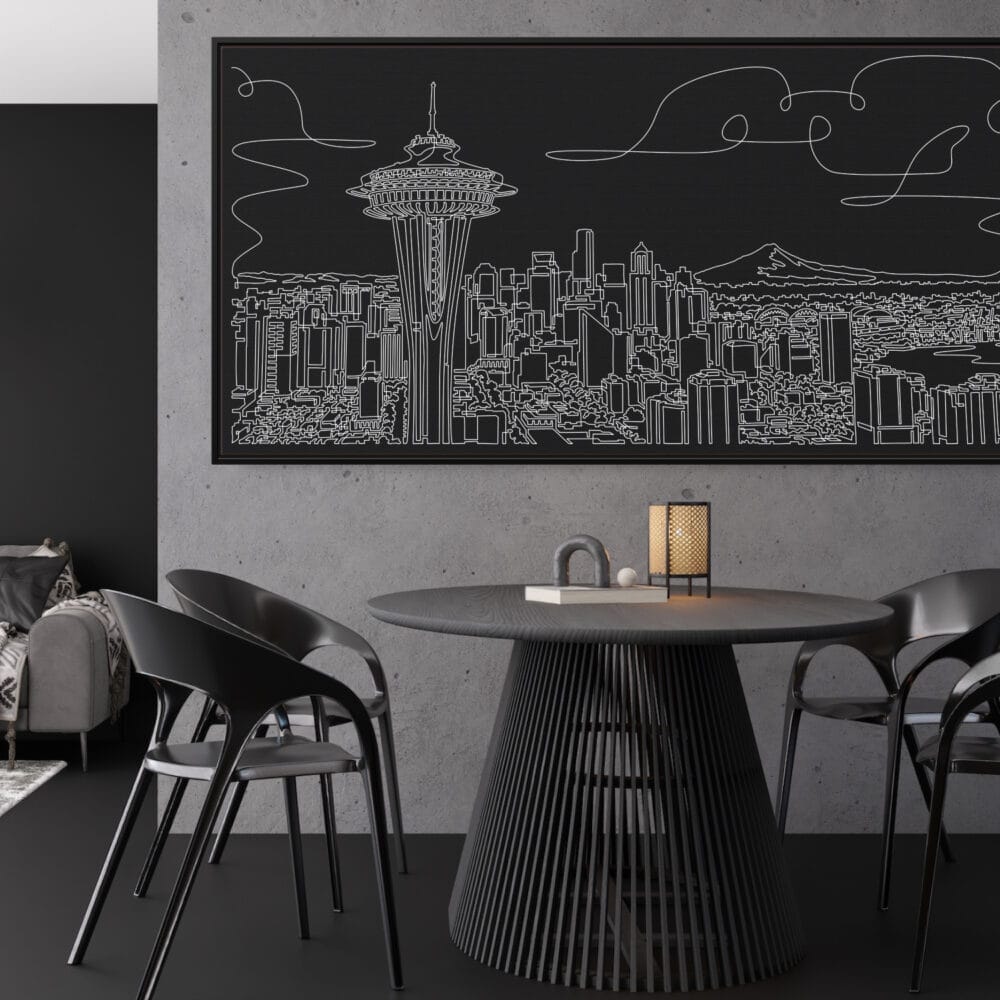 Framed Seattle Skyline Canvas Wall Art - Pano - Kitchen - Dark Framed Seattle Skyline Canvas Wall Art - Pano - Kitchen - Dark