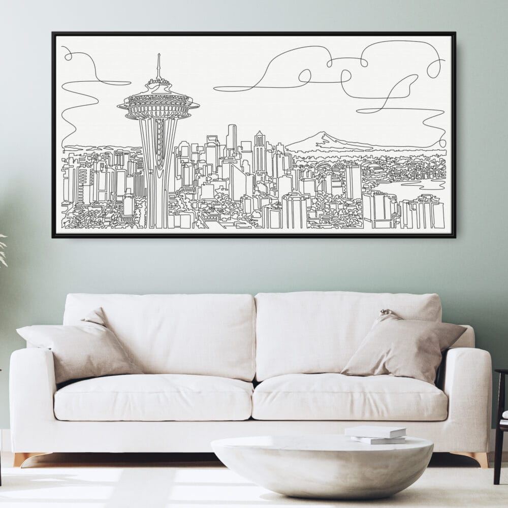 Framed Seattle Skyline Canvas Wall Art - Pano - Living Room 2 - Light Framed Seattle Skyline Canvas Wall Art - Pano - Living Room 2 - Light