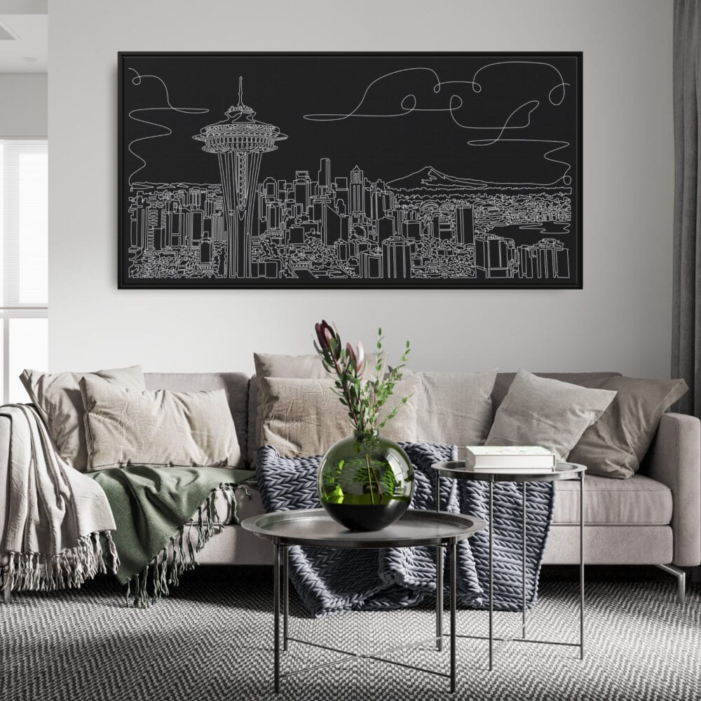 Framed Seattle Skyline Canvas Wall Art - Pano - Living Room - Dark Framed Seattle Skyline Canvas Wall Art - Pano - Living Room - Dark