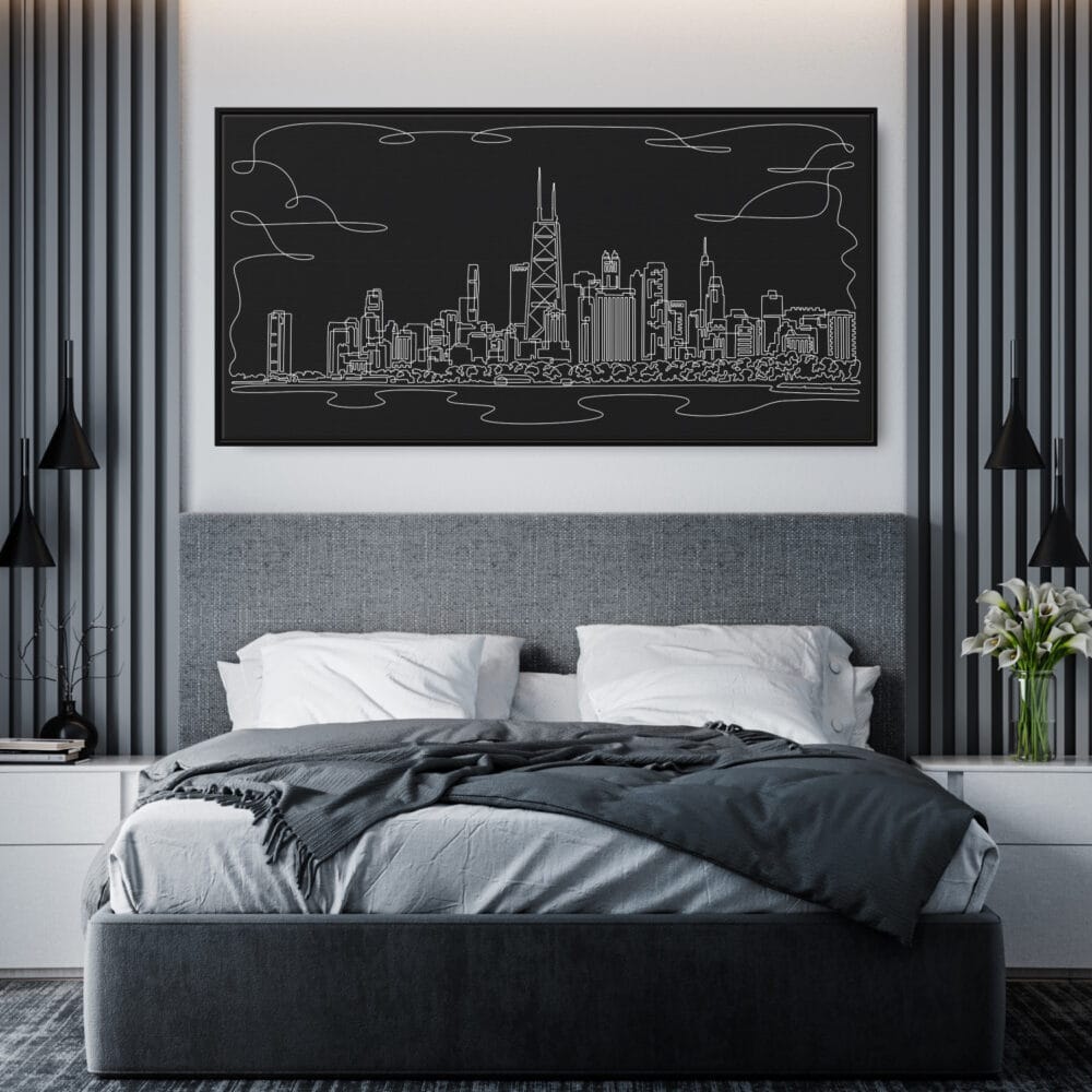 Framed Chicago Canvas Wall Art - Pano - Hotel Room - Dark Framed Chicago Canvas Wall Art - Pano - Hotel Room - Dark