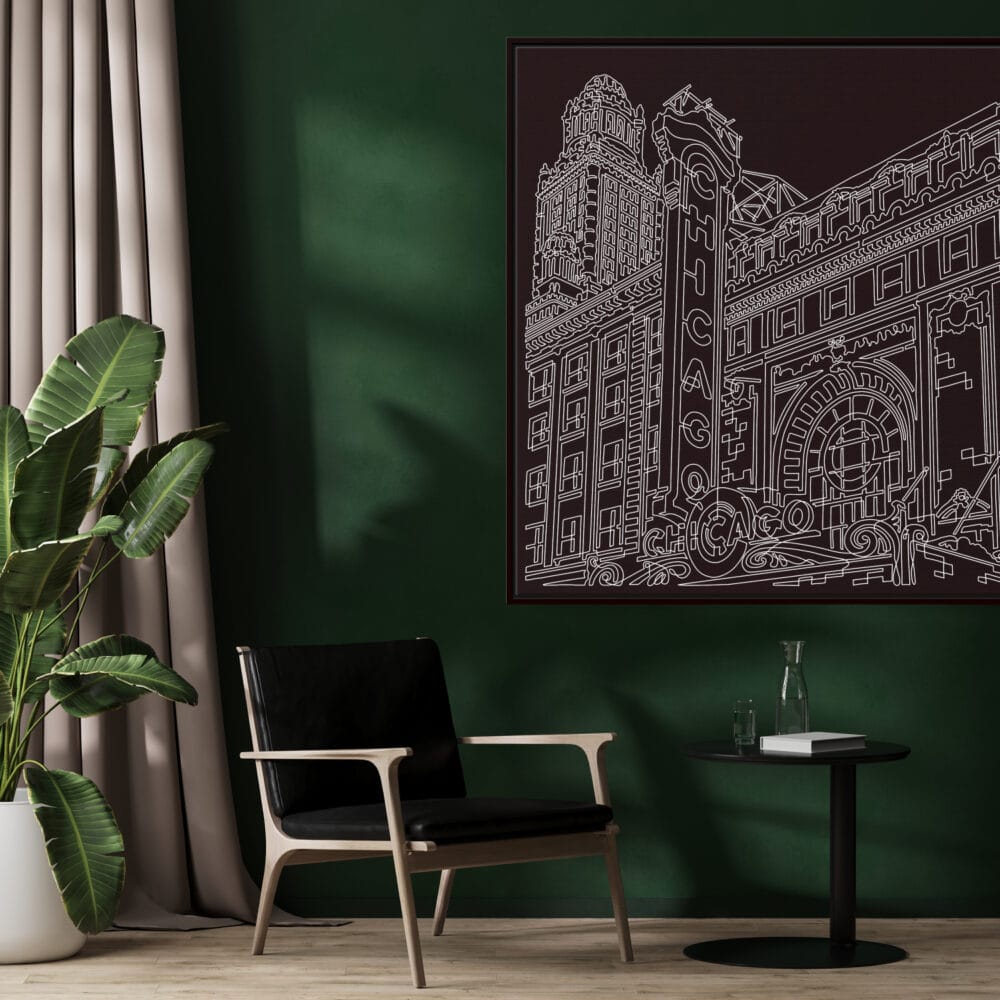 Framed Chicago Theater Canvas Print - Living Chair - Dark Framed Chicago Theater Canvas Print - Living Chair - Dark