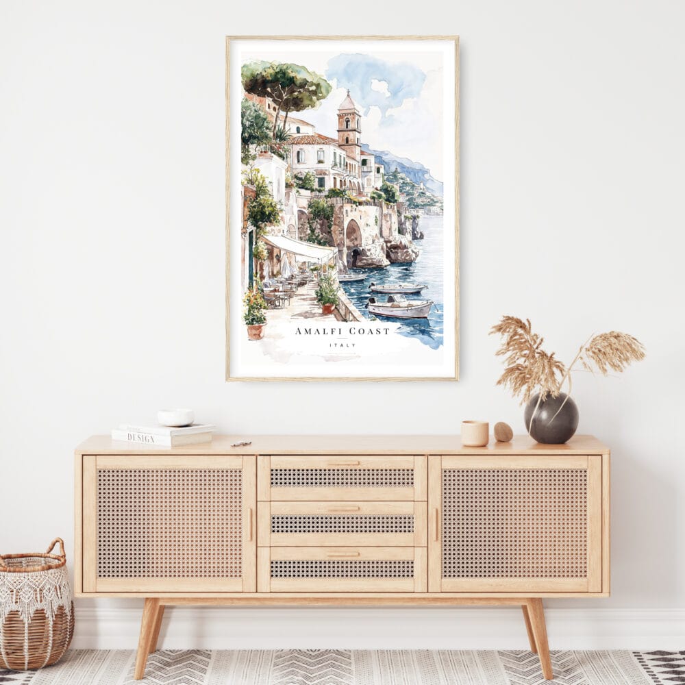 Amalfi Coast Watercolor Art Print - Shelf - Portrait Amalfi Coast Watercolor Art Print - Shelf - Portrait