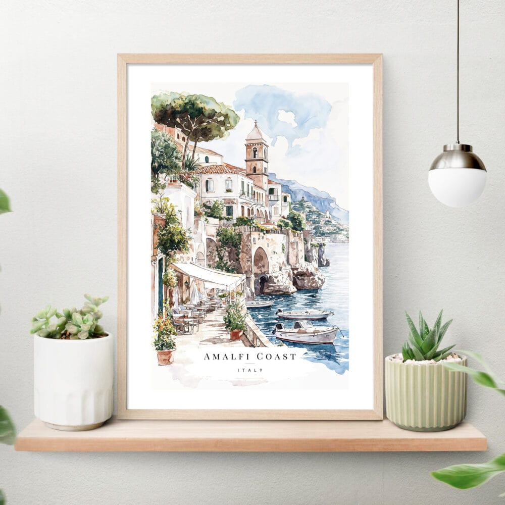 Amalfi Coast Watercolor Art Print on shelf Amalfi Coast Watercolor Art Print on shelf