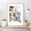 Amalfi Coast Watercolor Art Print on shelf