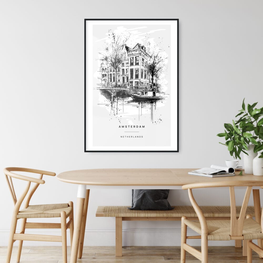 Amsterdam Canal Line Drawing Art Print - Kitchen Wall Art - Portrait Amsterdam Canal Line Drawing Art Print - Kitchen Wall Art - Portrait