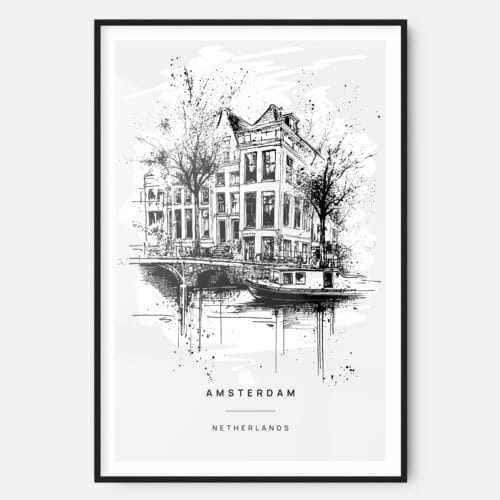 Amsterdam Canal Line Drawing Art Print - Main - Black Frame - Portrait