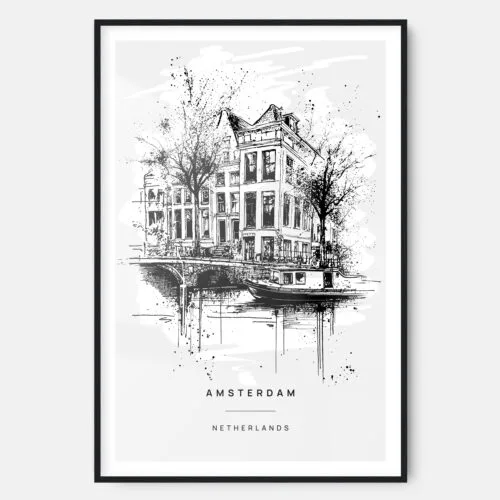 Amsterdam Canal Line Drawing Art Print - Main - Black Frame - Portrait