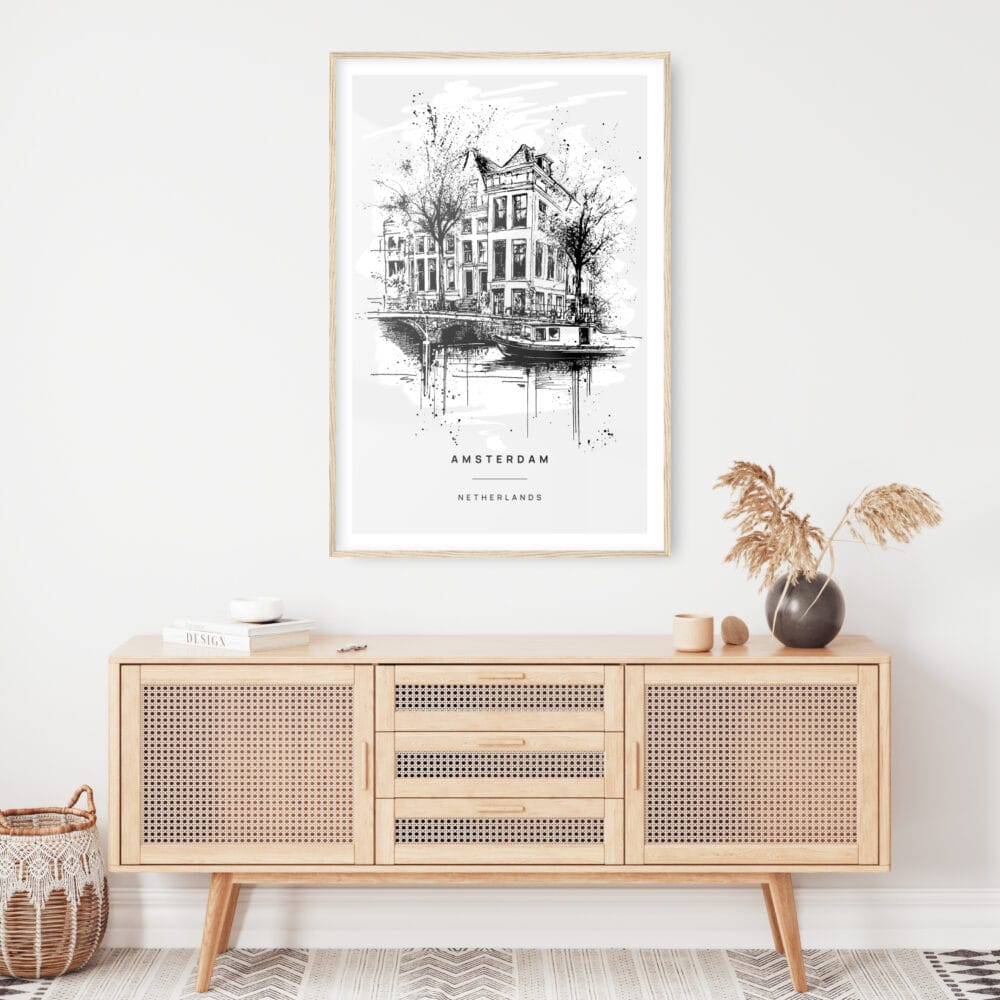 Amsterdam Canal Line Drawing Art Print - Shelf - Portrait Amsterdam Canal Line Drawing Art Print - Shelf - Portrait