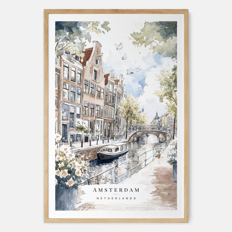 Amsterdam GrachtenGordel Watercolor Art Print - Main - Wood Frame