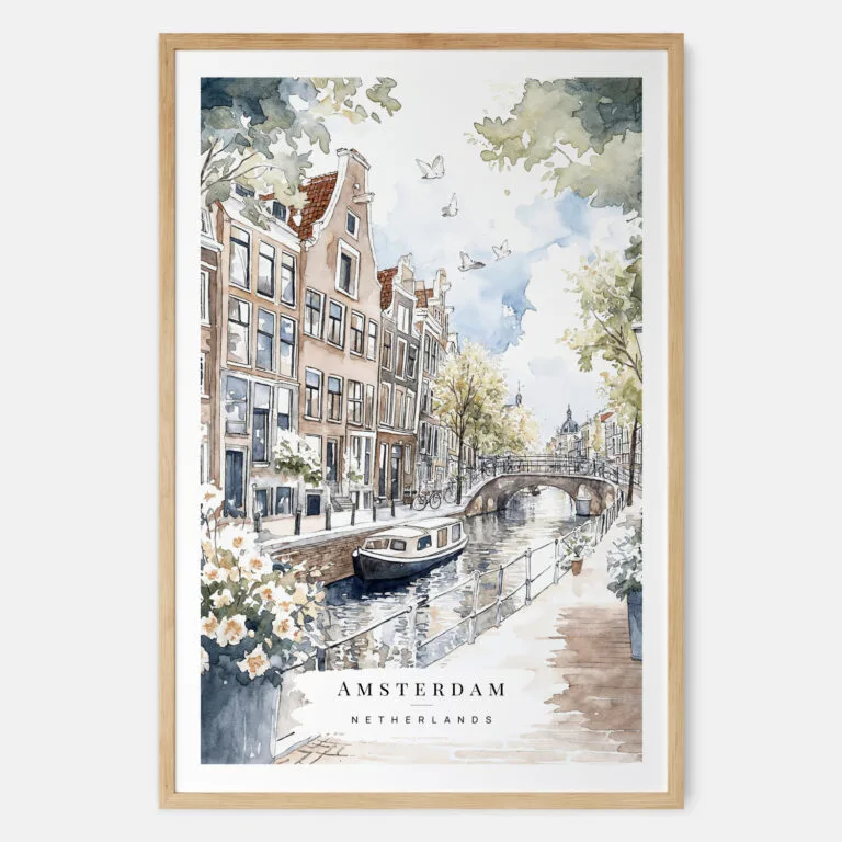 Amsterdam GrachtenGordel Watercolor Art Print - Main - Wood Frame