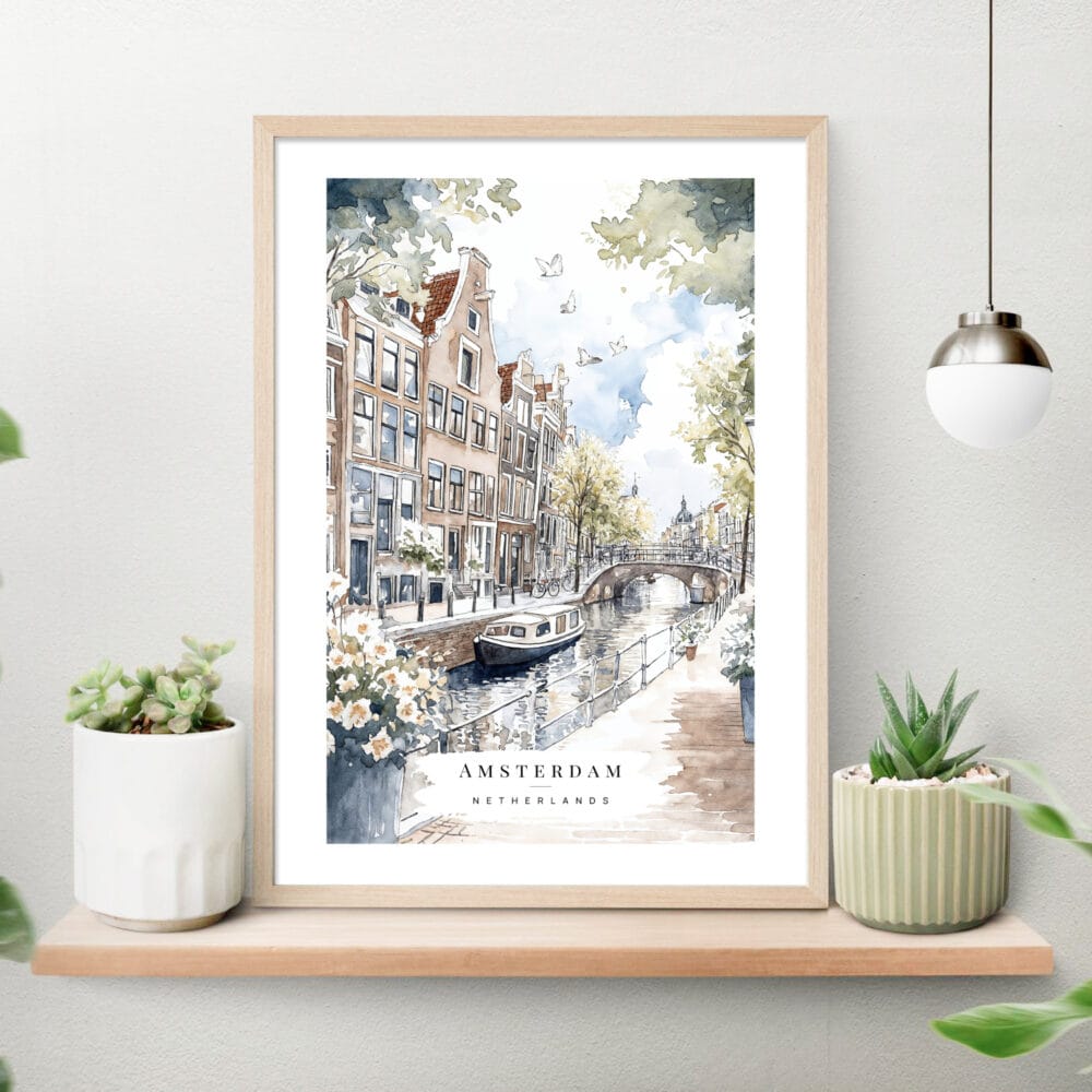 Amsterdam GrachtenGordel Watercolor Art Print on shelf Amsterdam GrachtenGordel Watercolor Art Print on shelf