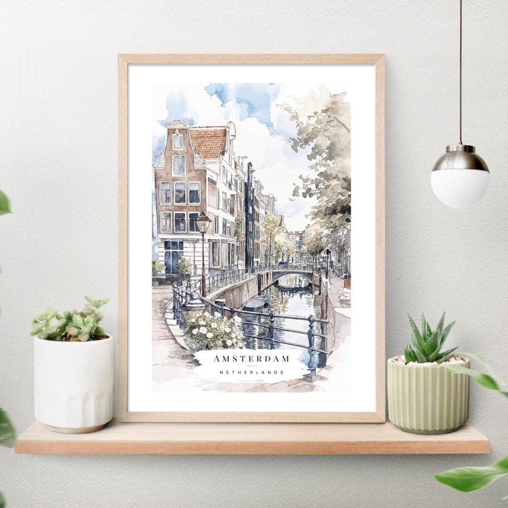 Amsterdam Watercolor Art Print on shelf Amsterdam Watercolor Art Print on shelf