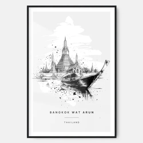 Bangkok Wat Arun Temple Line Drawing Art Print - Main - Black Frame - Portrait