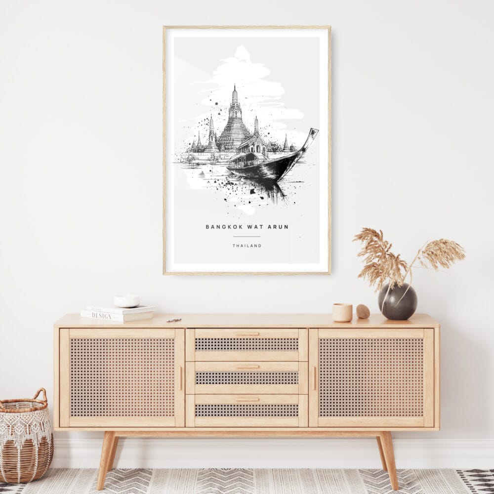 Bangkok Wat Arun Temple Line Drawing Art Print - Shelf - Portrait Bangkok Wat Arun Temple Line Drawing Art Print - Shelf - Portrait