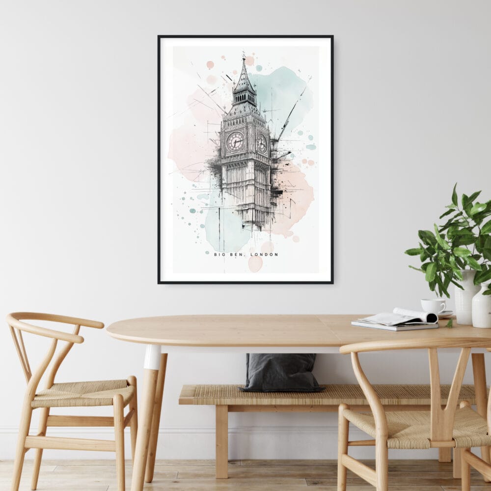 Big Ben Clock Line Drawing Art Print - Kitchen Wall Art - Portrait Big Ben Clock Line Drawing Art Print - Kitchen Wall Art - Portrait