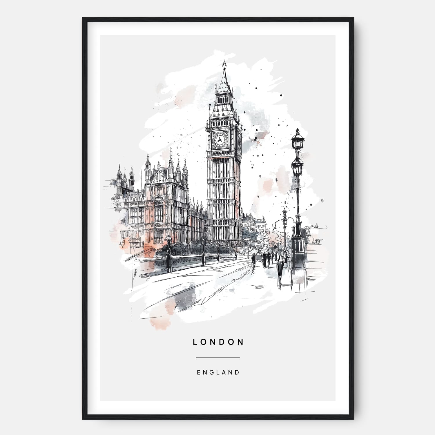 London Urban Sketch with Big Ben Clock Tower – Art Print