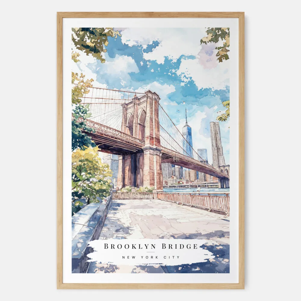 Brooklyn Bridge Watercolor Art Print - Main - Wood Frame Brooklyn Bridge Watercolor Art Print - Main - Wood Frame