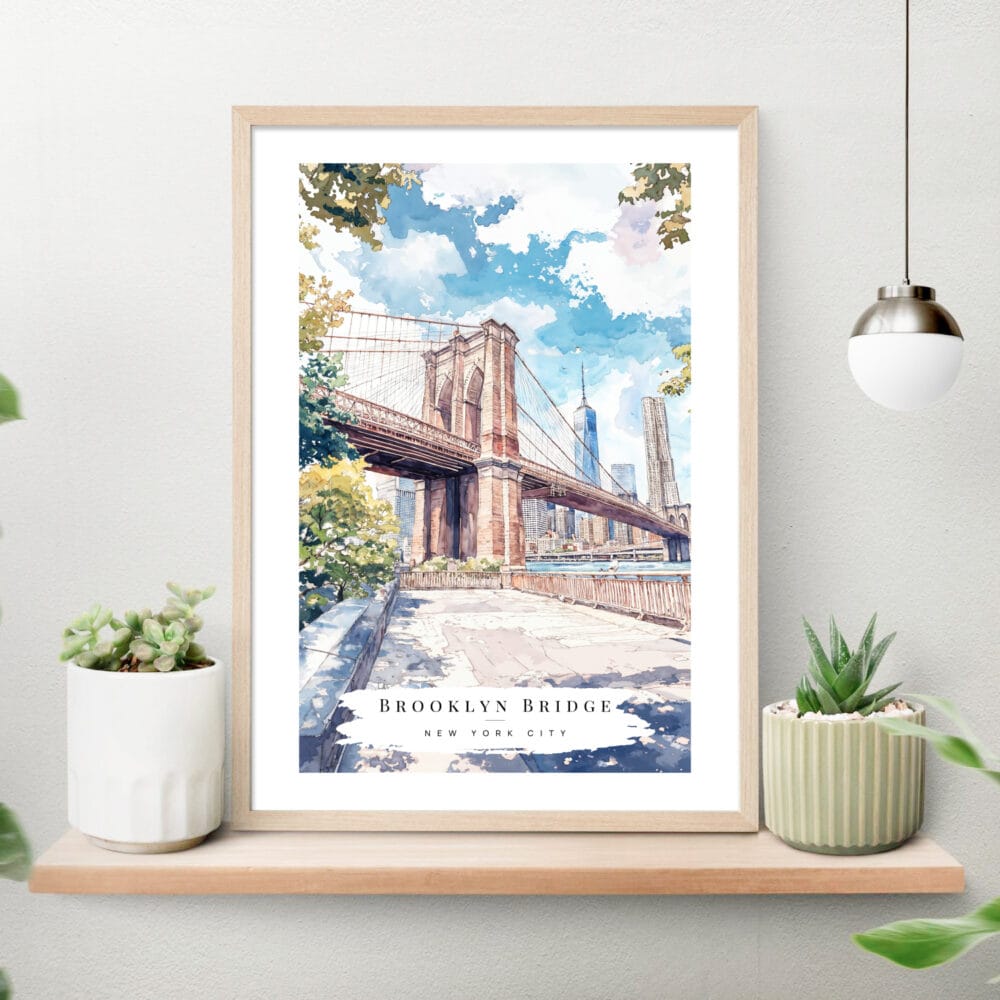 Brooklyn Bridge Watercolor Art Print on shelf Brooklyn Bridge Watercolor Art Print on shelf