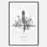 Chicago City Art Print - Line Art Watercolor - Main - Black Frame - Portrait